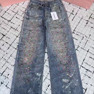 Acne Studios Gray Straight Leg Jeans with Pink and Gold Details